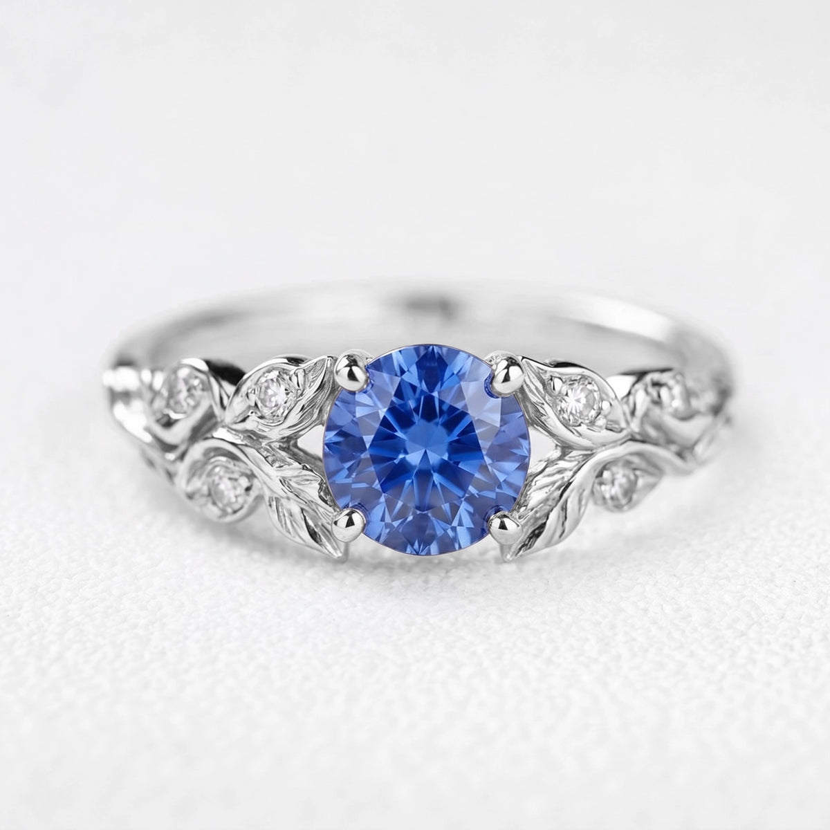 Miranda’s Chaplet | Round-Cut Blue Sapphire Foliage Vintage Engagement Ring