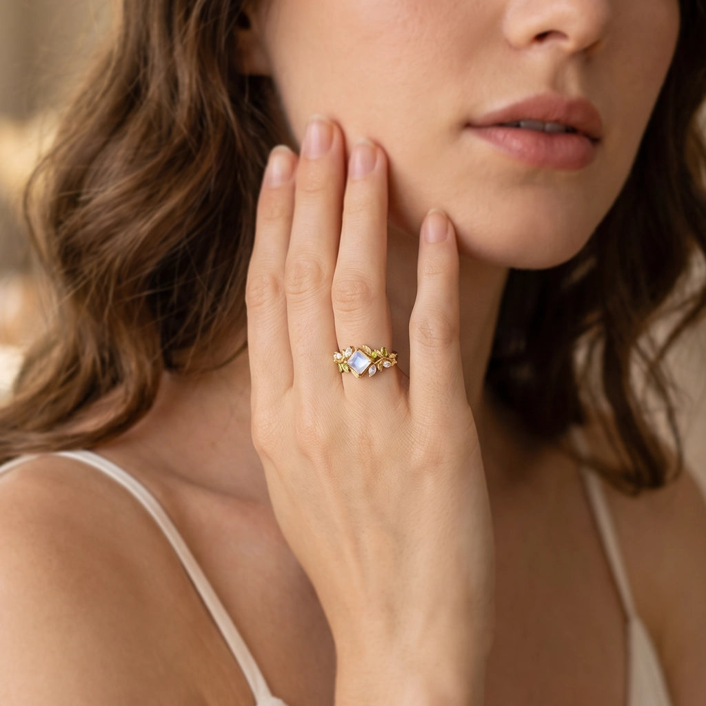 Lunette’s Whisper | Princess Cut Moonstone Engagement Ring.