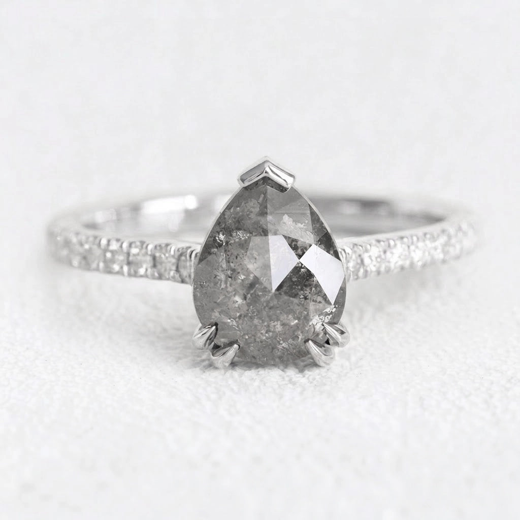 Astrid’s Stardust | 2CT Pear Cut Salt & Pepper Diamond Pavé Engagement Ring