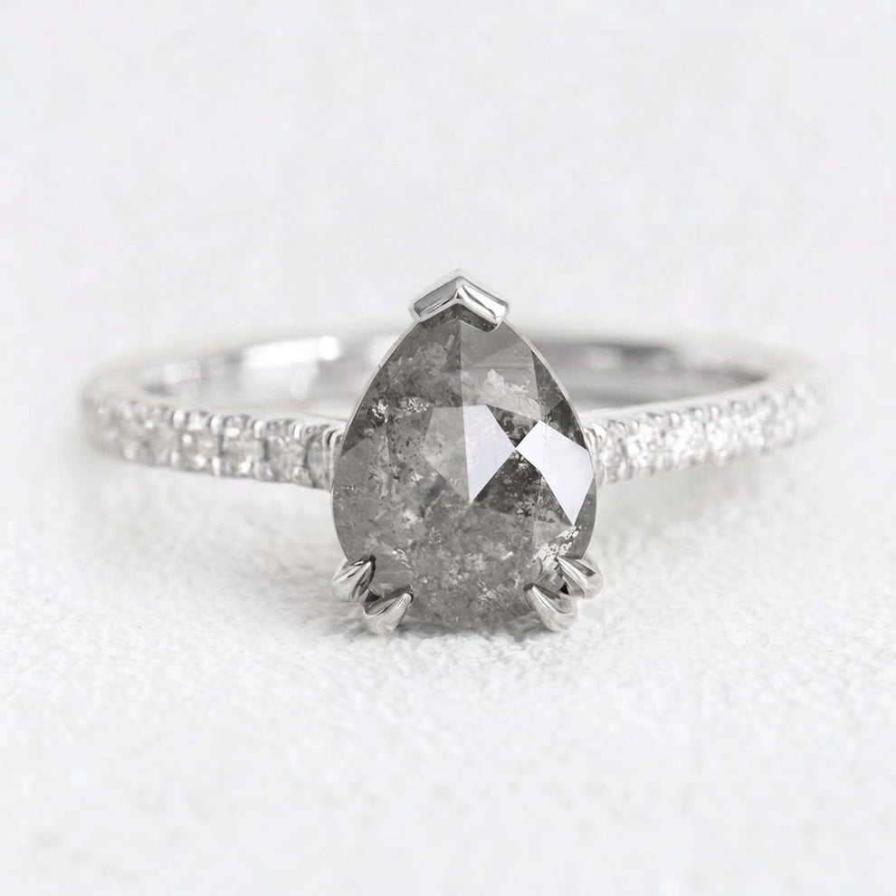 Astrid’s Stardust | 2CT Pear Cut Salt & Pepper Diamond Pavé Engagement Ring