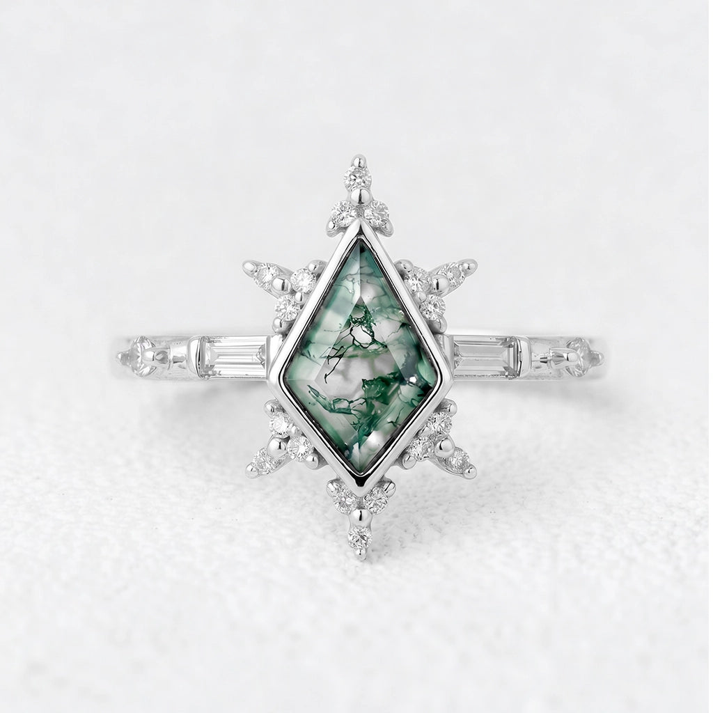 Nova’s Flare | Kite Cut Moss Agate Engagement Ring