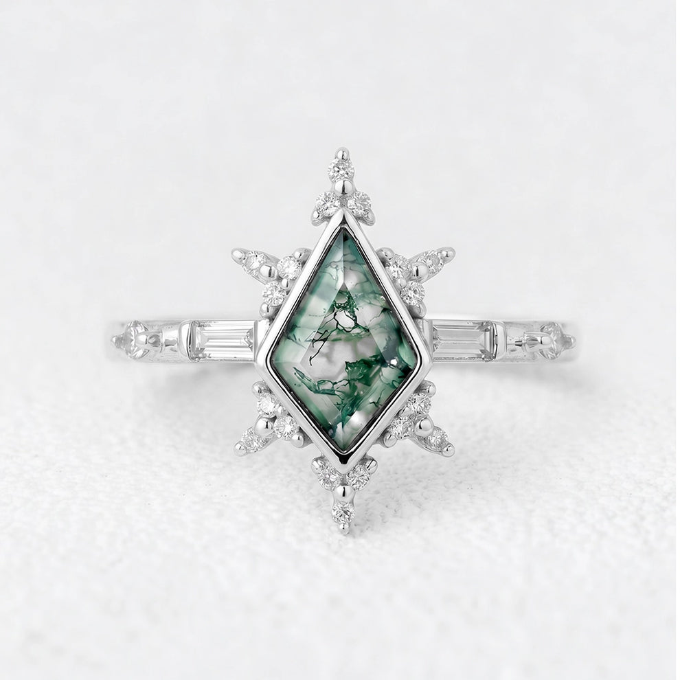 Nova’s Flare | Kite Cut Moss Agate Engagement Ring