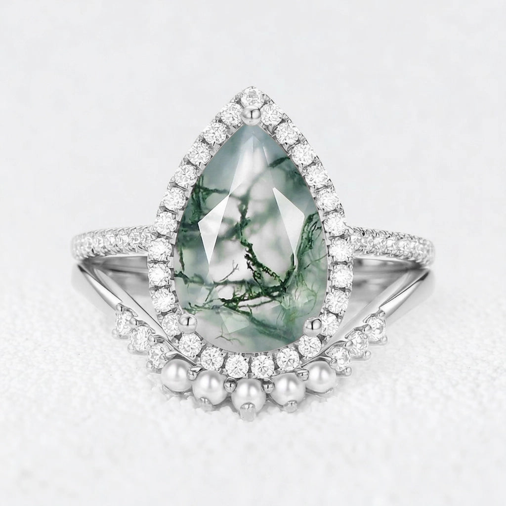 Genevieve’s Luminary | 4CT Pear Moss Agate & Pearl Halo Bridal Duo