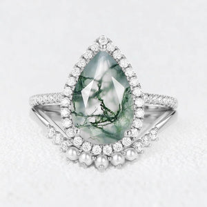 Verena 4.0ct Pear Moss Agate & Pearl Halo Ring Set 2pcs