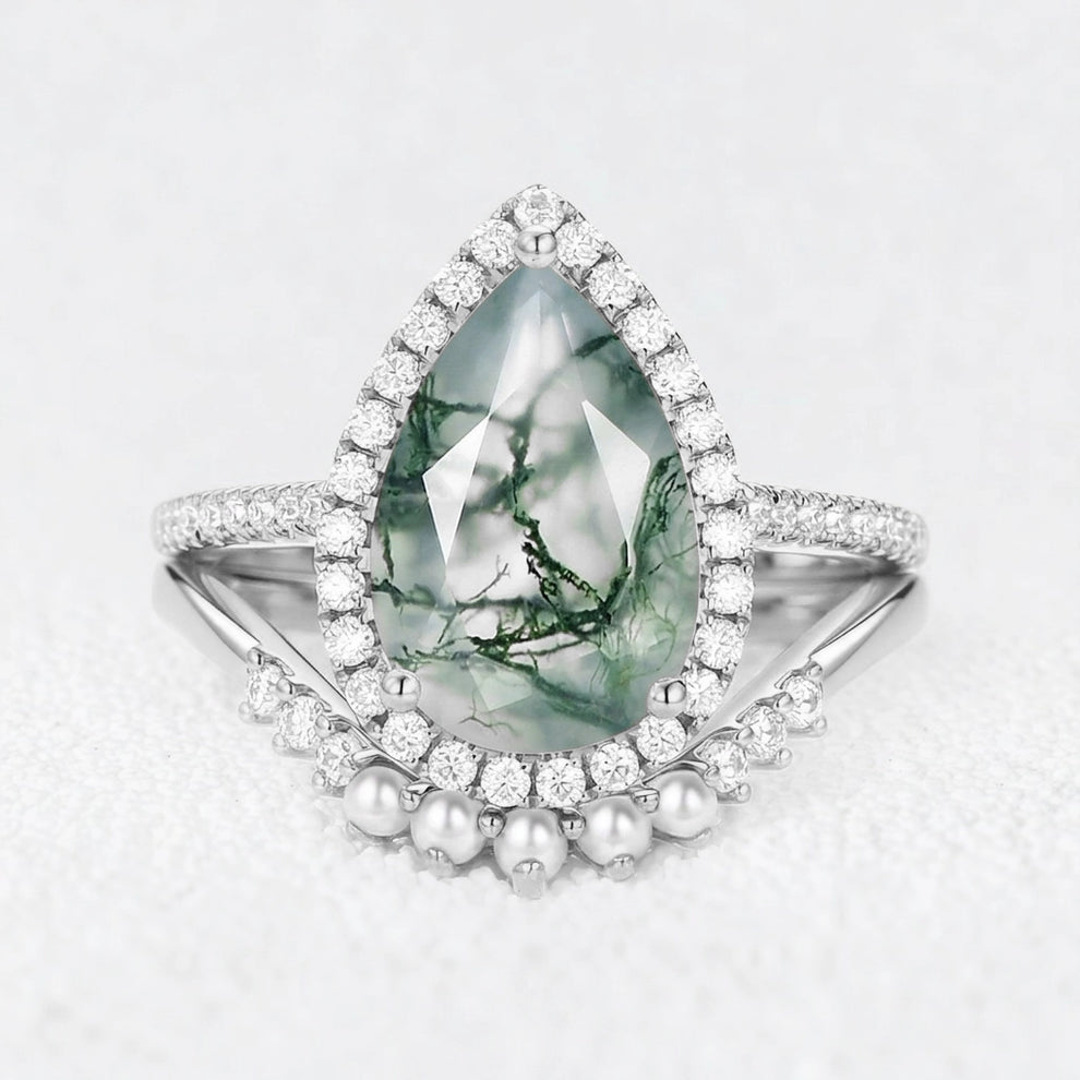 Genevieve’s Luminary | 4CT Pear Moss Agate & Pearl Halo Bridal Duo