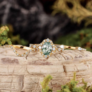 Unique Oval Cut Moss Agate Cluster Engagement Ring Set 3pcs.