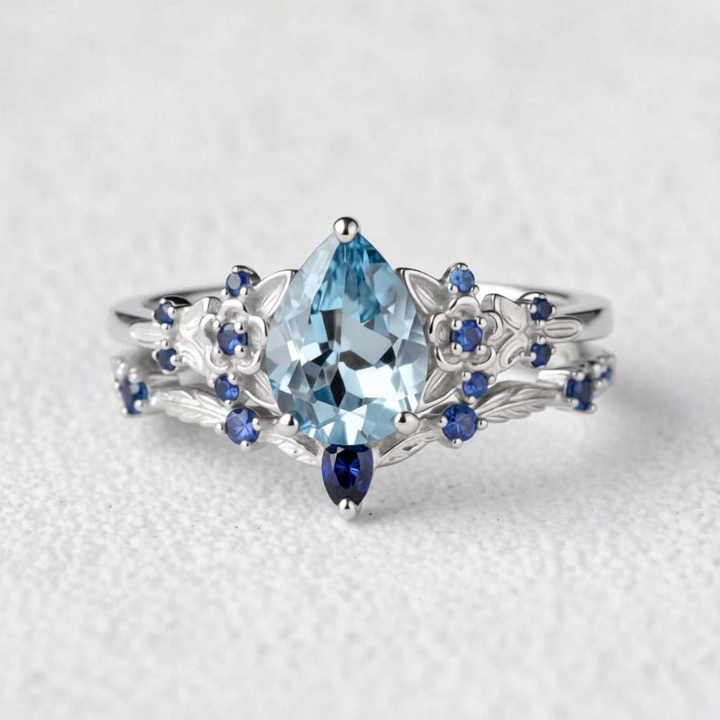 Isolde’s Tide | Vintage Pear Aquamarine & Sapphire Floral Bridal Set 2pcs.