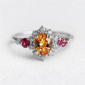 Flora's Wreath | Oval Mandarin Garnet & Multi‑Stone Halo Engagement Ring.