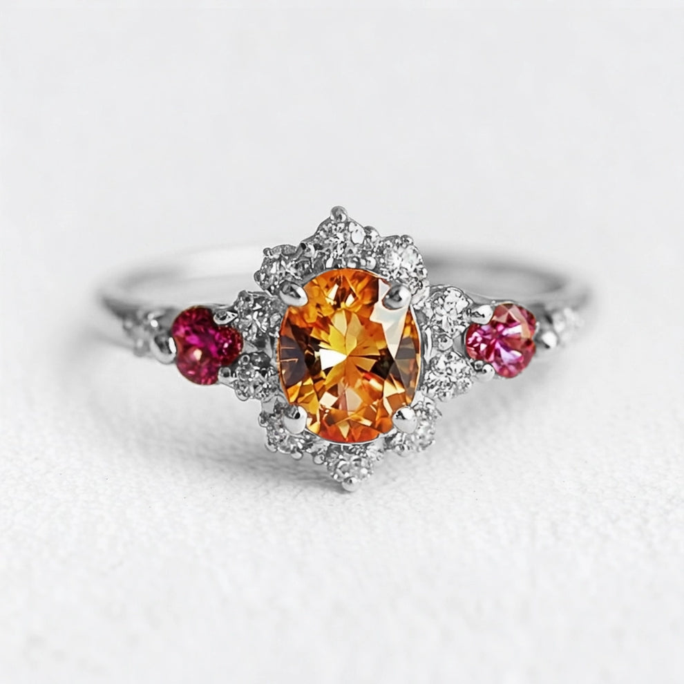 Flora's Wreath | Oval Mandarin Garnet & Multi‑Stone Halo Engagement Ring.