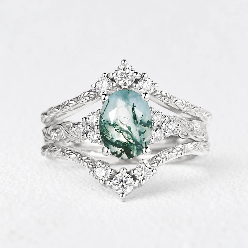 Hazel Blingflare Oval Moss Agate Filigree Ring Bridal Set 2pcs.