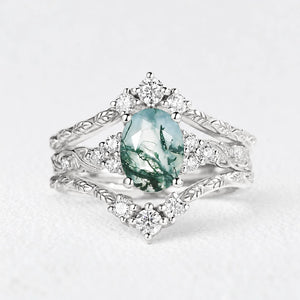 Hazel Blingflare Oval Moss Agate Filigree Ring Bridal Set 2pcs.