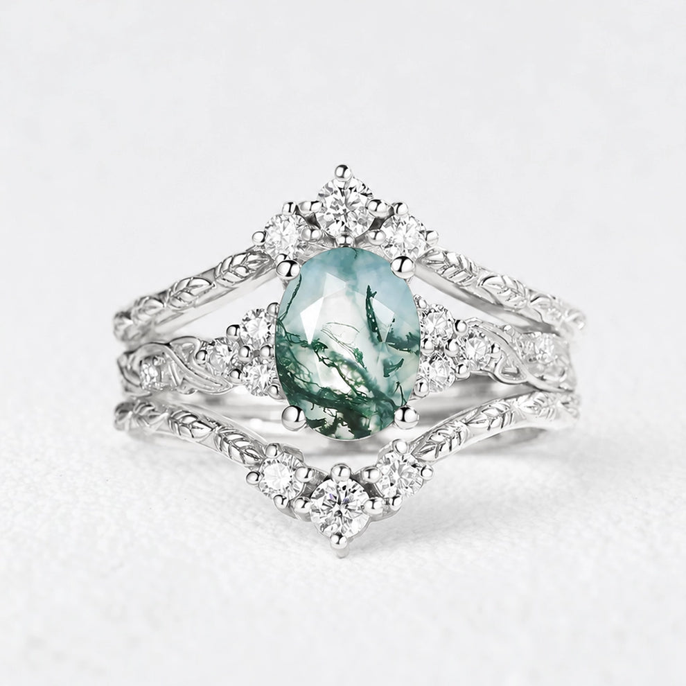 Hazel Blingflare Oval Moss Agate Filigree Ring Bridal Set 2pcs.