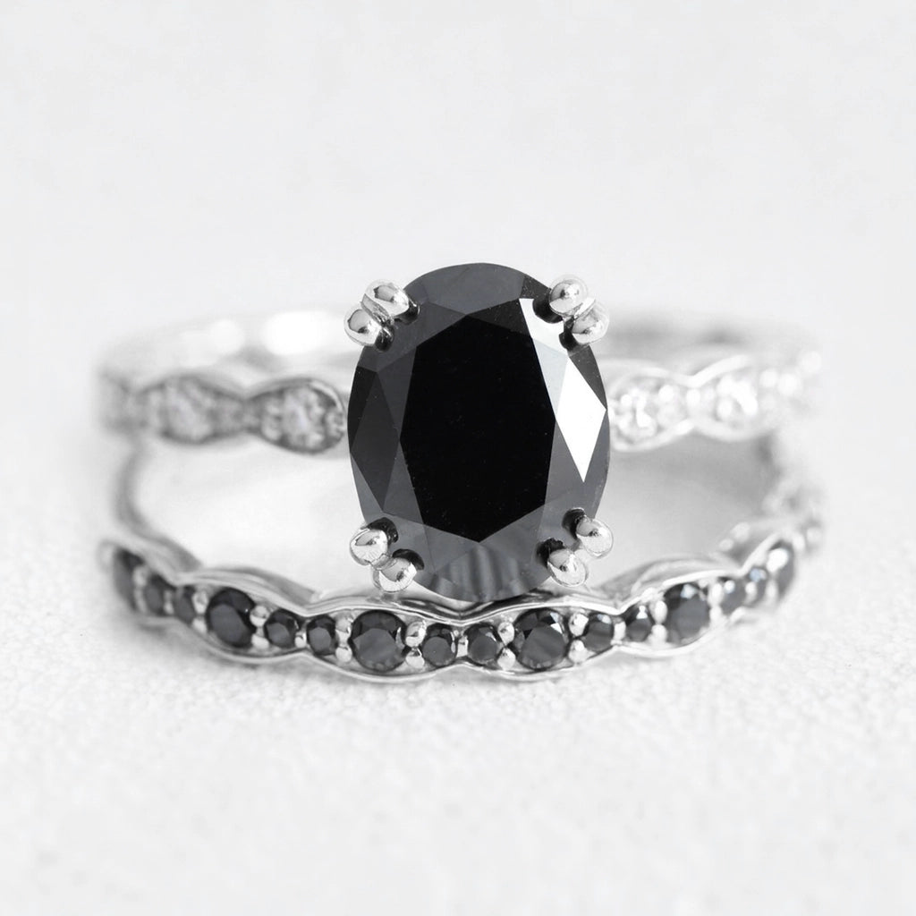 Nyx’s Shadow | Oval Black Diamond Bridal Set with Black Diamond Bands 2pcs.