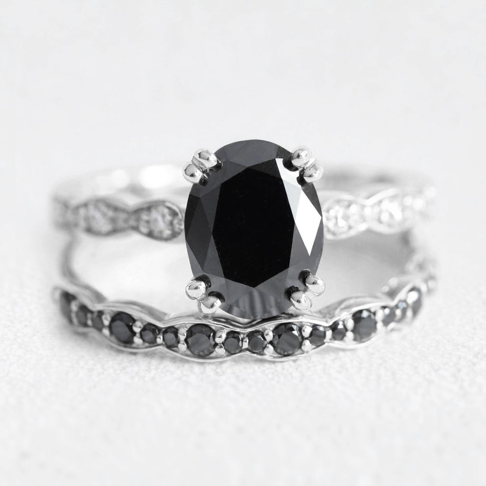 Nyx’s Shadow | Oval Black Diamond Bridal Set with Black Diamond Bands 2pcs.