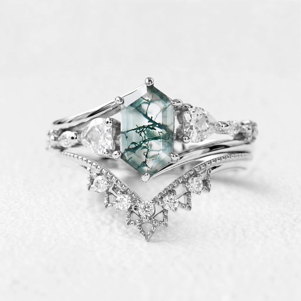 Alexandra’s Heritage | Hexagon Moss Agate Art-Deco Bridal Duo