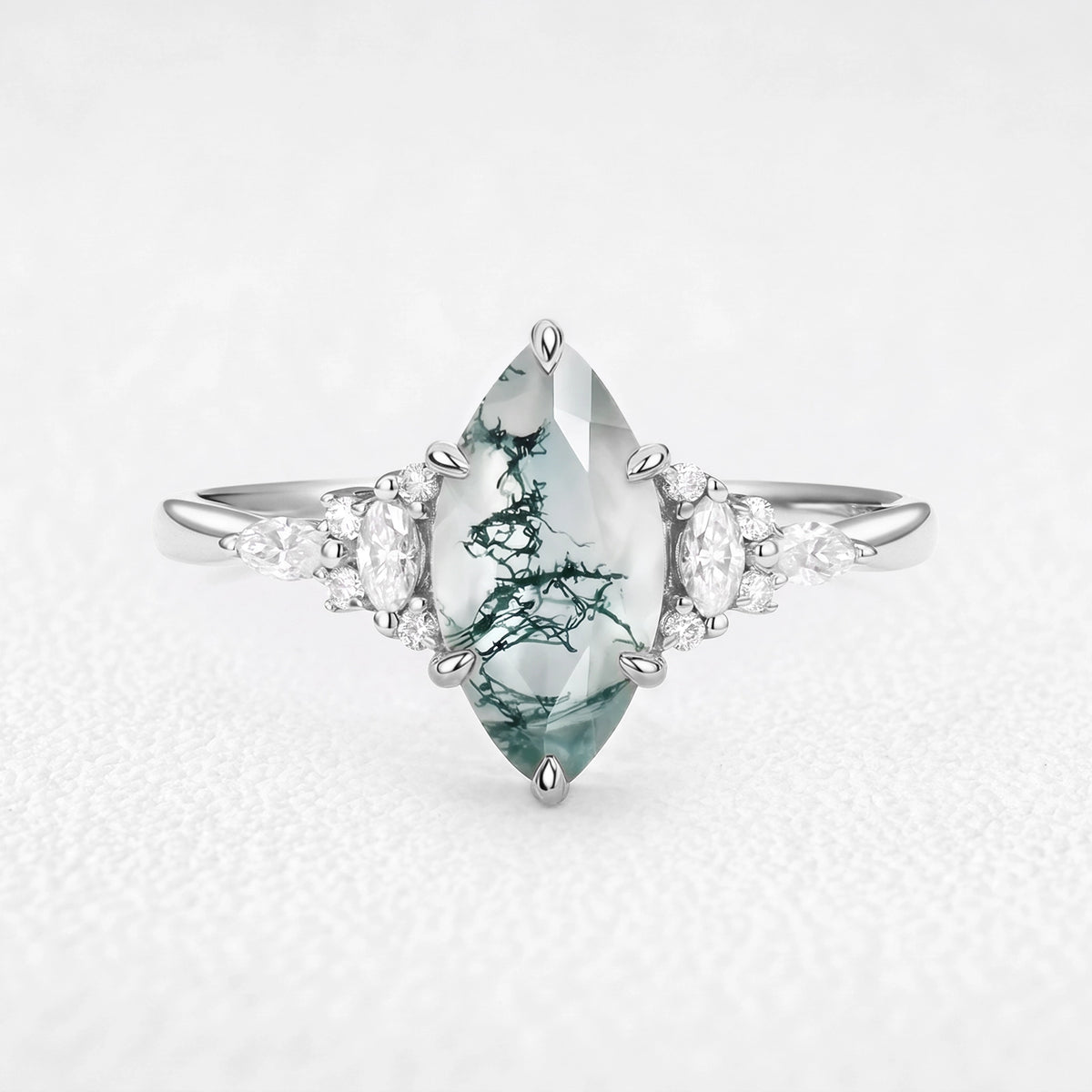 Sylvie’s Dew | Classic Marquise Moss Agate Engagement Ring with Diamond Accents