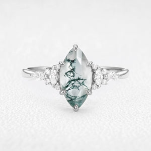 Sylvie’s Dew | Classic Marquise Moss Agate Engagement Ring with Diamond Accents