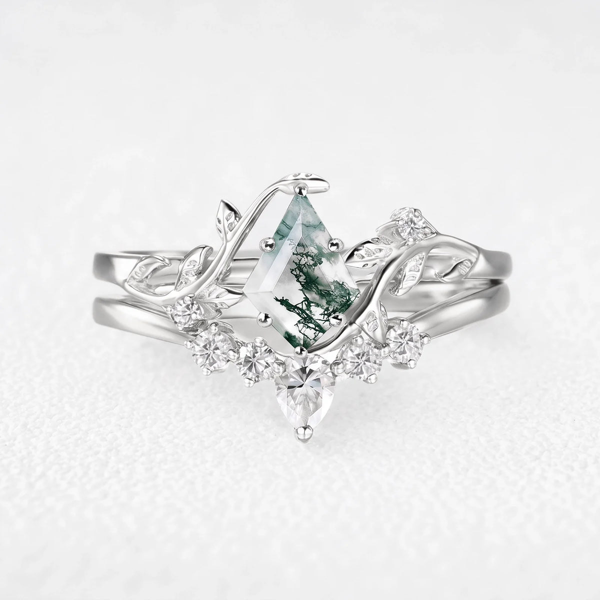 Linnea’s Umbra | Kite Cut Moss Agate Foliage Black Gold Bridal Duo