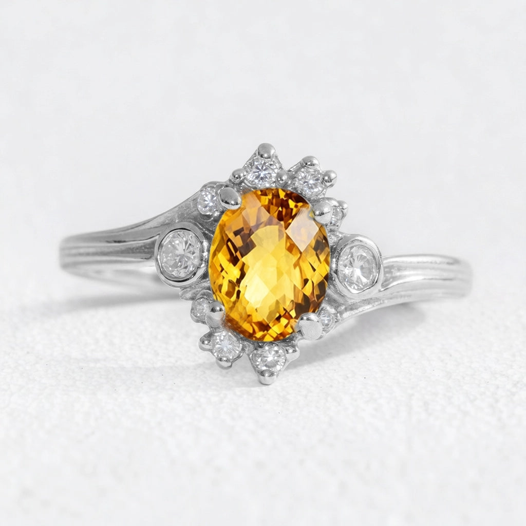 Aurora’s Radiance | Classic  Oval Cut Yellow Sapphire Halo Engagement Ring.