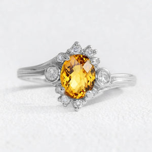 Aurora’s Radiance | Classic  Oval Cut Yellow Sapphire Halo Engagement Ring.