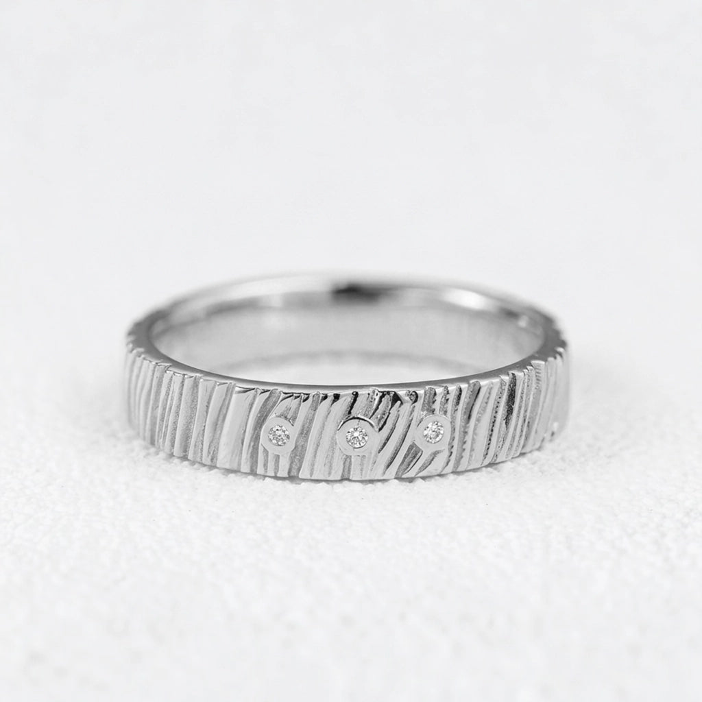 The Grain & Stars | Hand-Carved Wood Texture Band with Diamonds.
