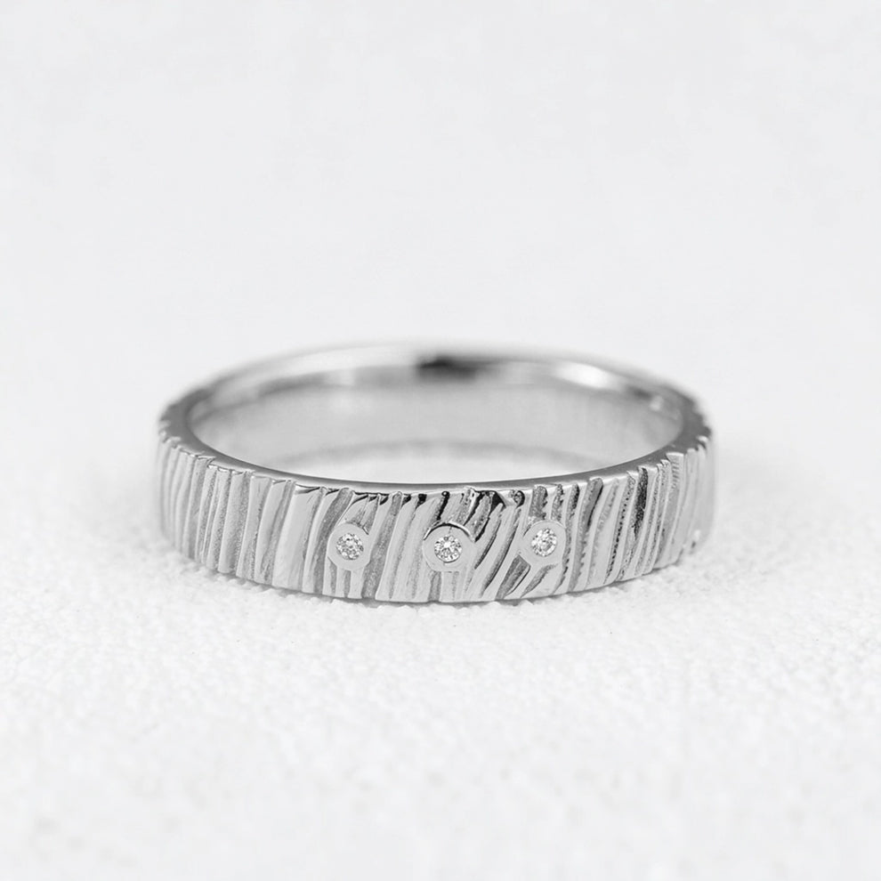 The Grain & Stars | Hand-Carved Wood Texture Band with Diamonds.