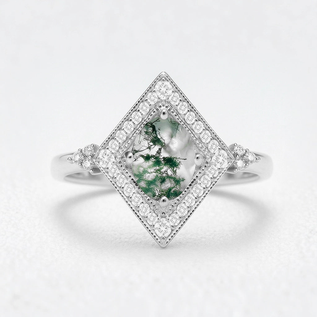 Unique Oval Cut Moss Agate Geometric Vintage Engagement Ring.