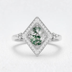 Unique Oval Cut Moss Agate Geometric Vintage Engagement Ring.