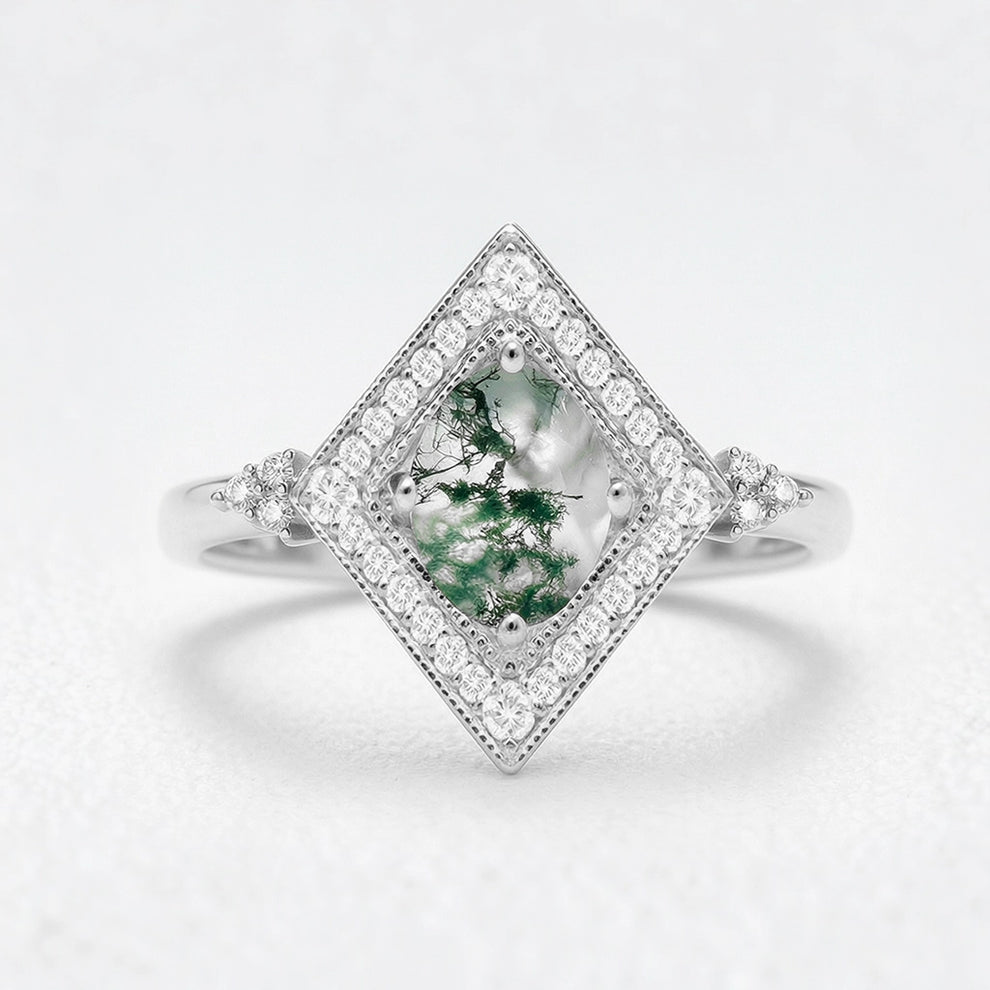Unique Oval Cut Moss Agate Geometric Vintage Engagement Ring.
