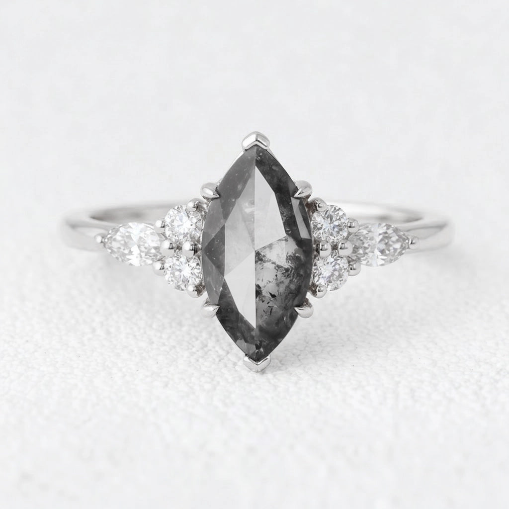 Isadora’s Stardust | Marquise Cut Salt & Pepper Diamond Cluster Engagement Ring