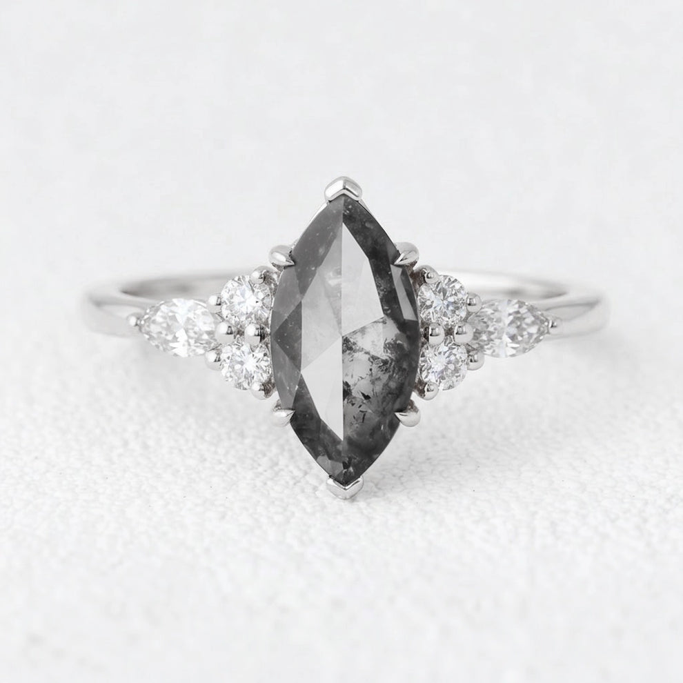 Isadora’s Stardust | Marquise Cut Salt & Pepper Diamond Cluster Engagement Ring