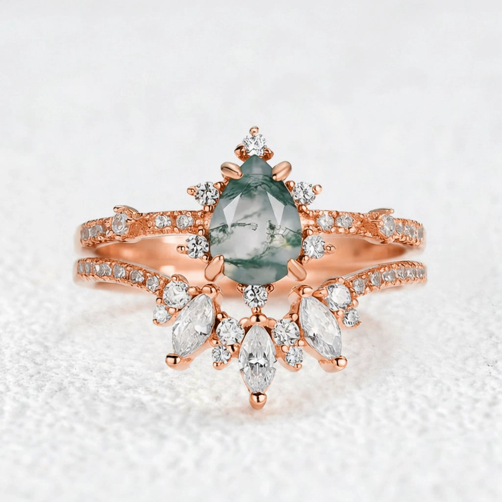 Unique Pear Cut Moss Agate Cluster Engagement Ring Set.