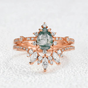 Unique Pear Cut Moss Agate Cluster Engagement Ring Set