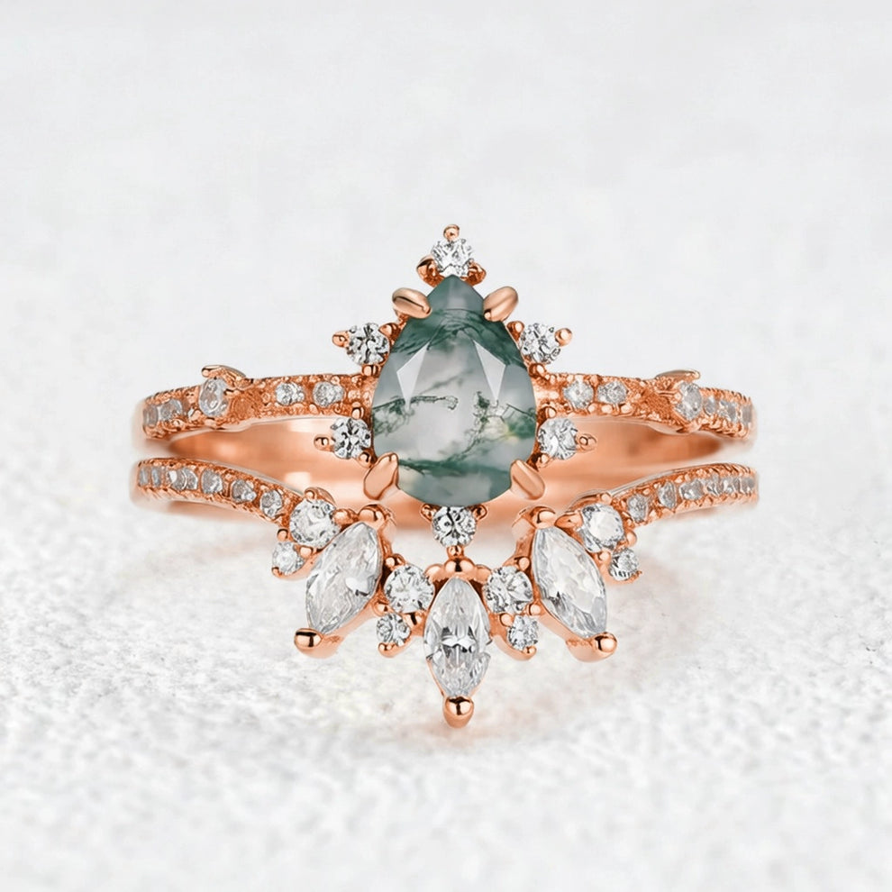 Unique Pear Cut Moss Agate Cluster Engagement Ring Set.