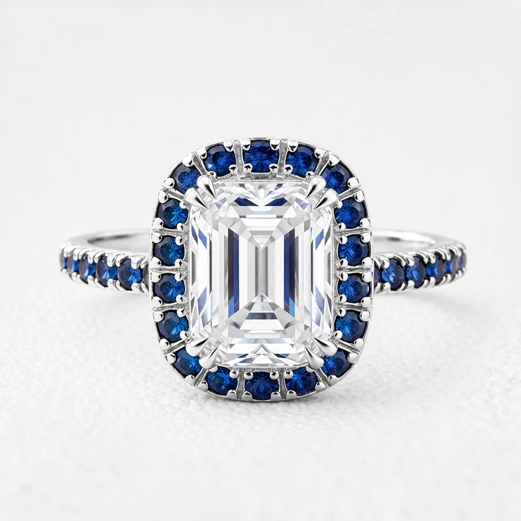 Aurora’s Gleam | 2CT Emerald Cut Halo Moissanite Ring