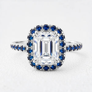 Aurora’s Gleam | 2CT Emerald Cut Halo Moissanite Ring