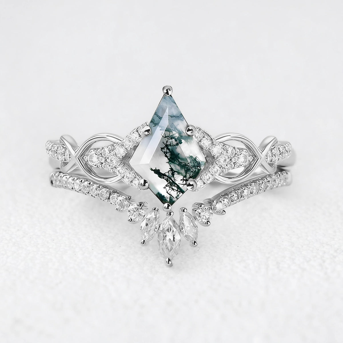 Vivienne’s Greensward | Kite Cut Moss Agate Chevron Bridal Duo