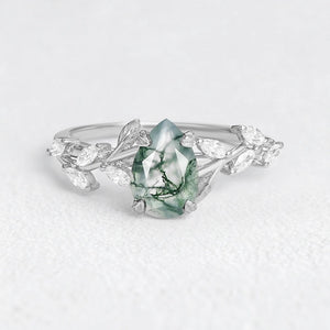 Celandine’s Tendril | Pear Cut Moss Agate Vine Engagement Ring.