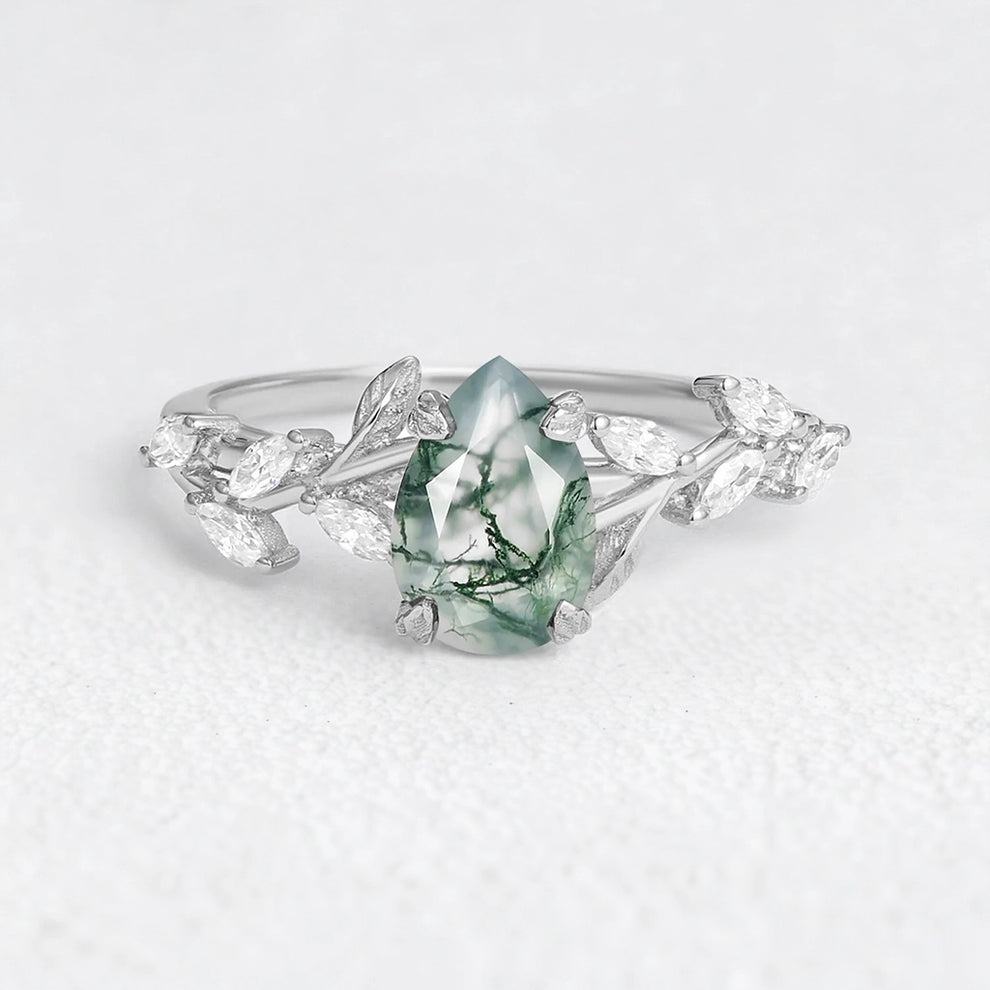 Celandine’s Tendril | Pear Cut Moss Agate Vine Engagement Ring.
