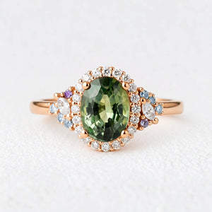 Thalassa’s Mirage | Oval Teal Sapphire Halo Vintage Engagement Ring