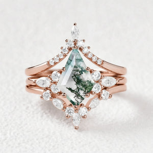 Sylvie’s Shadow | Black Gold Kite Cut Moss Agate Ring Set 3pcs.