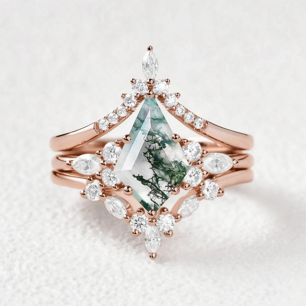 Sylvie’s Shadow | Black Gold Kite Cut Moss Agate Ring Set 3pcs.