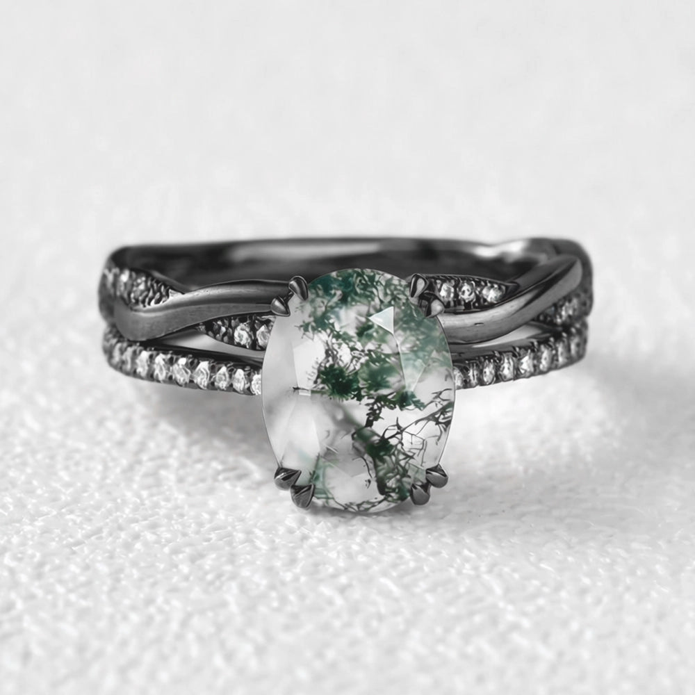Ariadne’s Merge | 2CT Oval Moss Agate Bridal Set 2pcs.