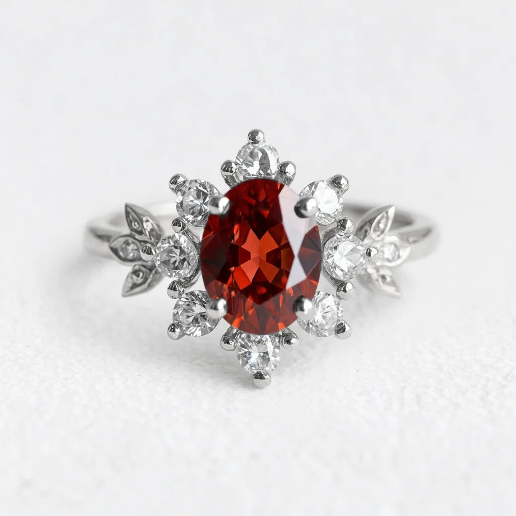 1CT Oval Cut Deep Red Gemstone Halo Engagement Ring.