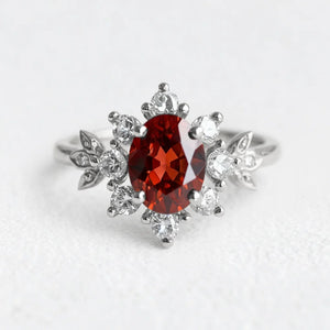 1CT Oval Cut Deep Red Gemstone Halo Engagement Ring.