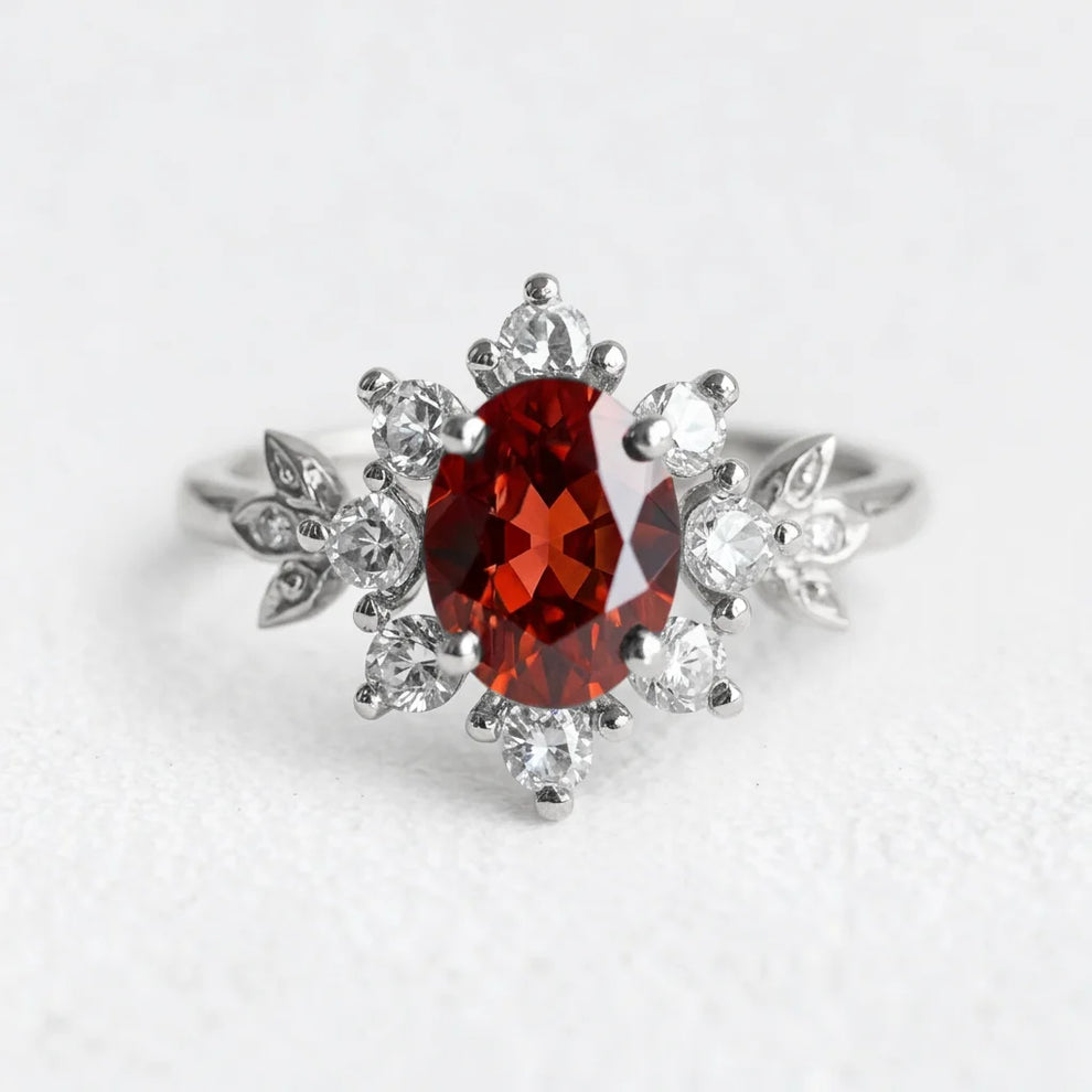 1CT Oval Cut Deep Red Gemstone Halo Engagement Ring.