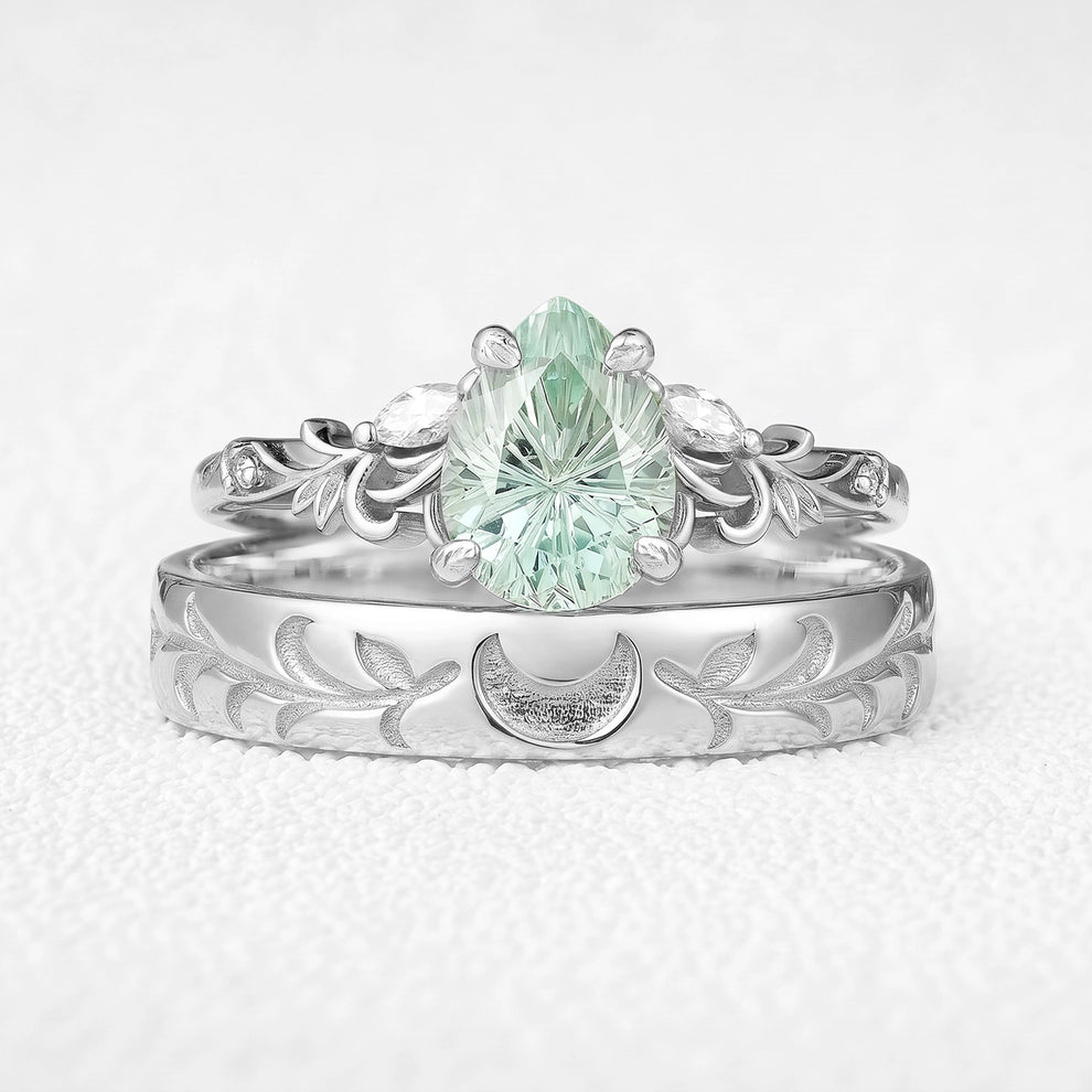 Selene’s Grove | Pear Green Sapphire & Moon Phase Couple Ring Set