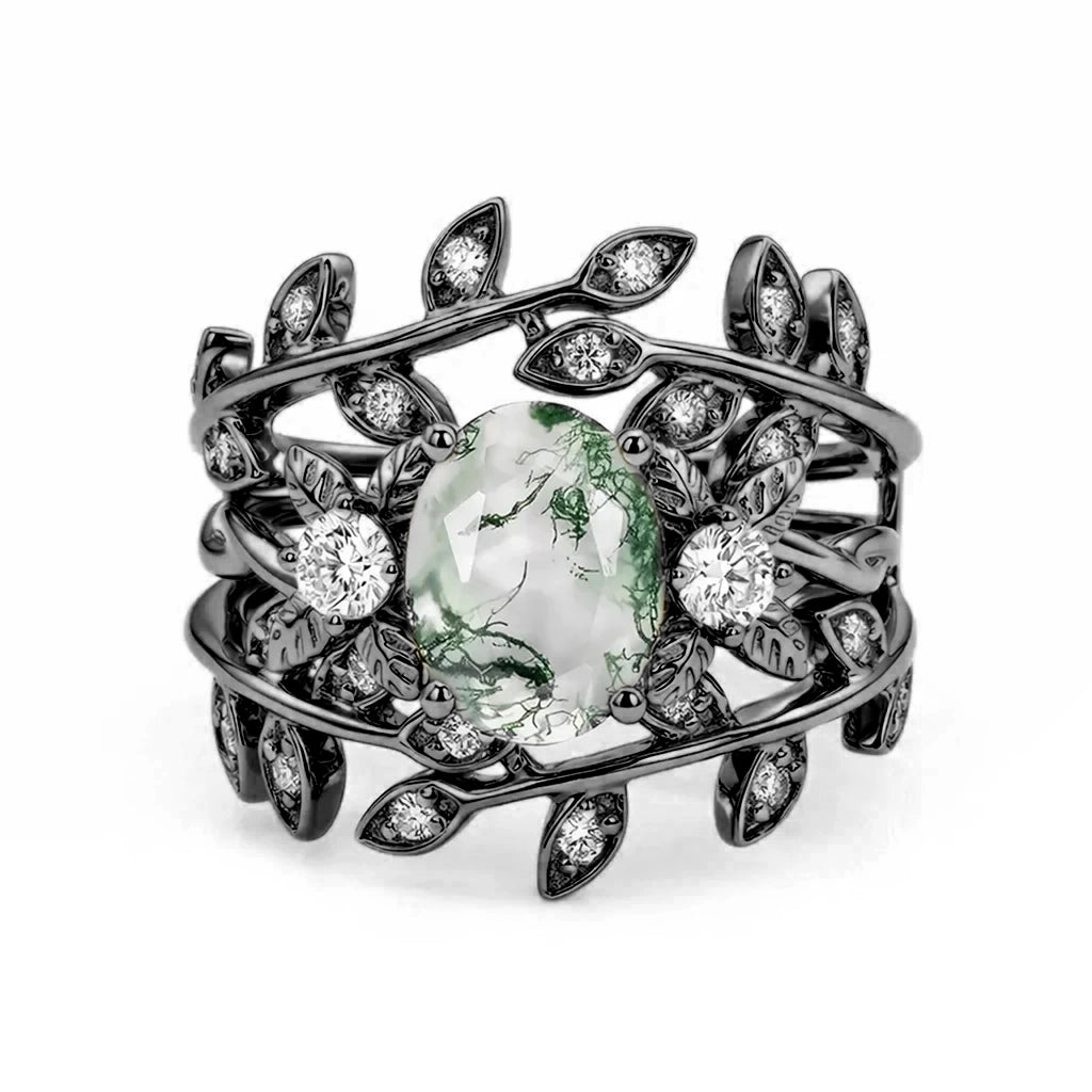 Léonie Oval Cut Moss Agate Leafy Gold Couple Ring Set.