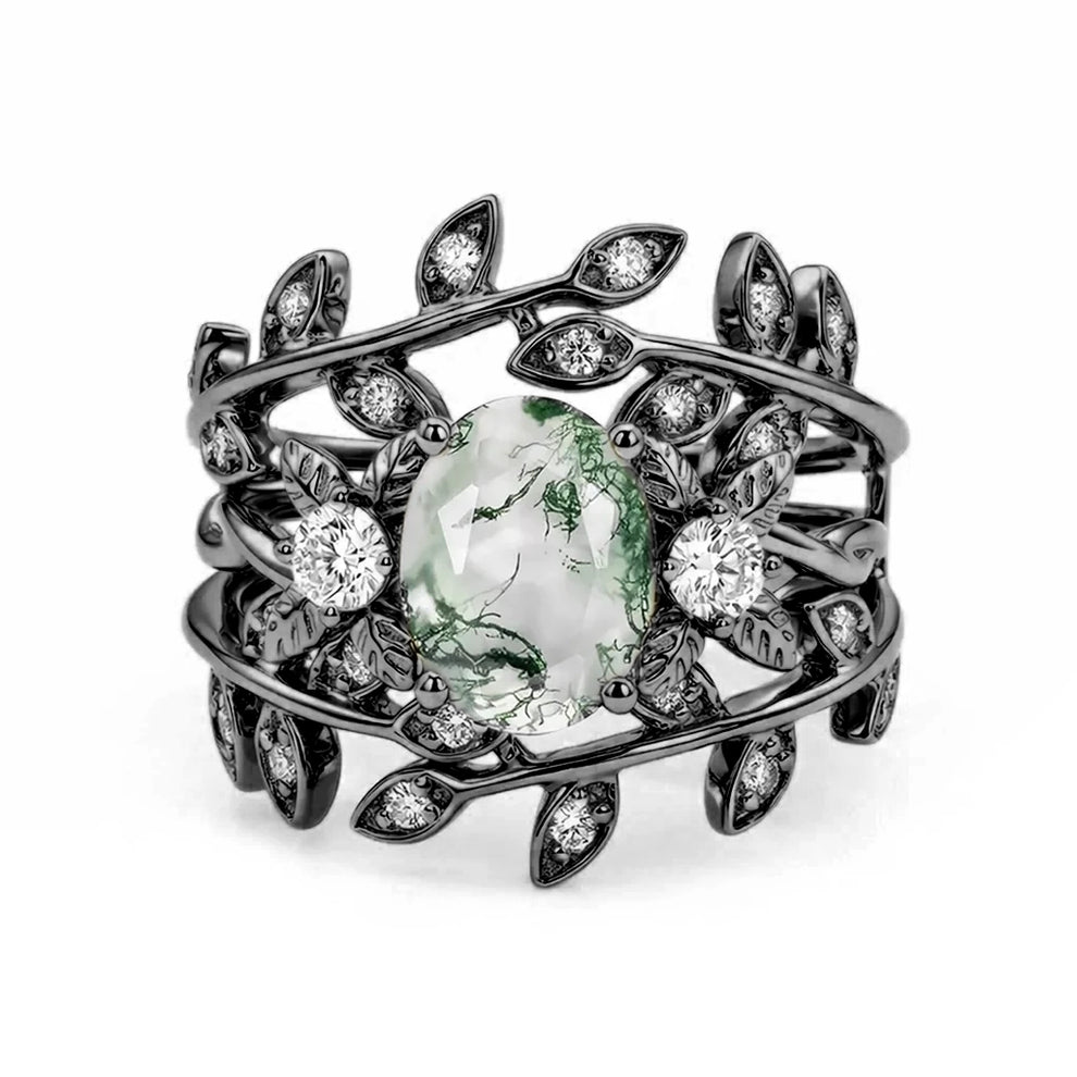 Léonie Oval Cut Moss Agate Leafy Gold Couple Ring Set.