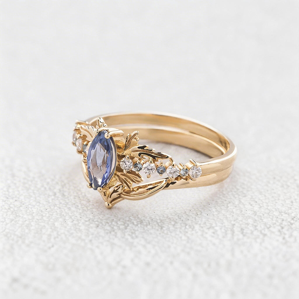Aurora’s Fairy Wing | Marquise Natural Sapphire Vintage Bridal Set 2pcs.